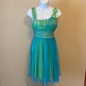 Lime green and blue cocktail party dress